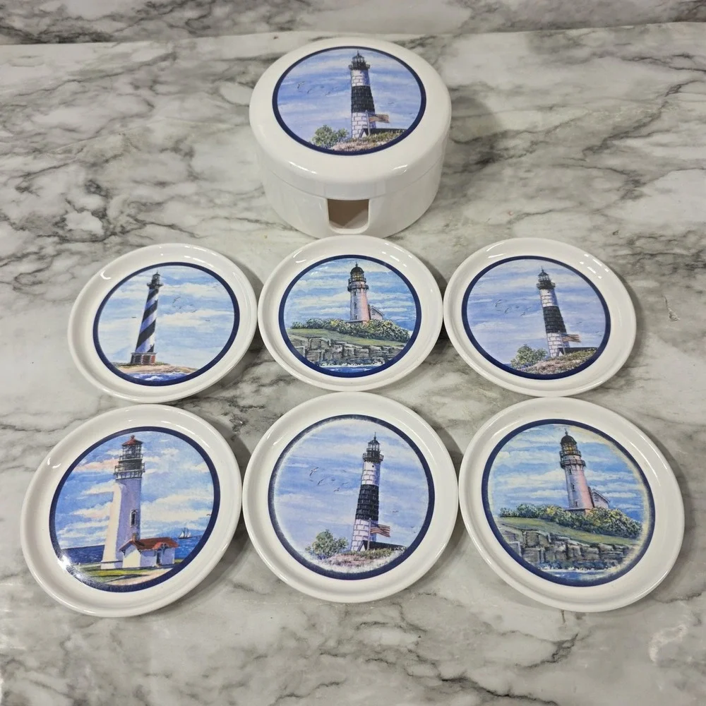 Vintage Lighthouse Coaster Set Of  6 With Holder White Plastic In EUC
